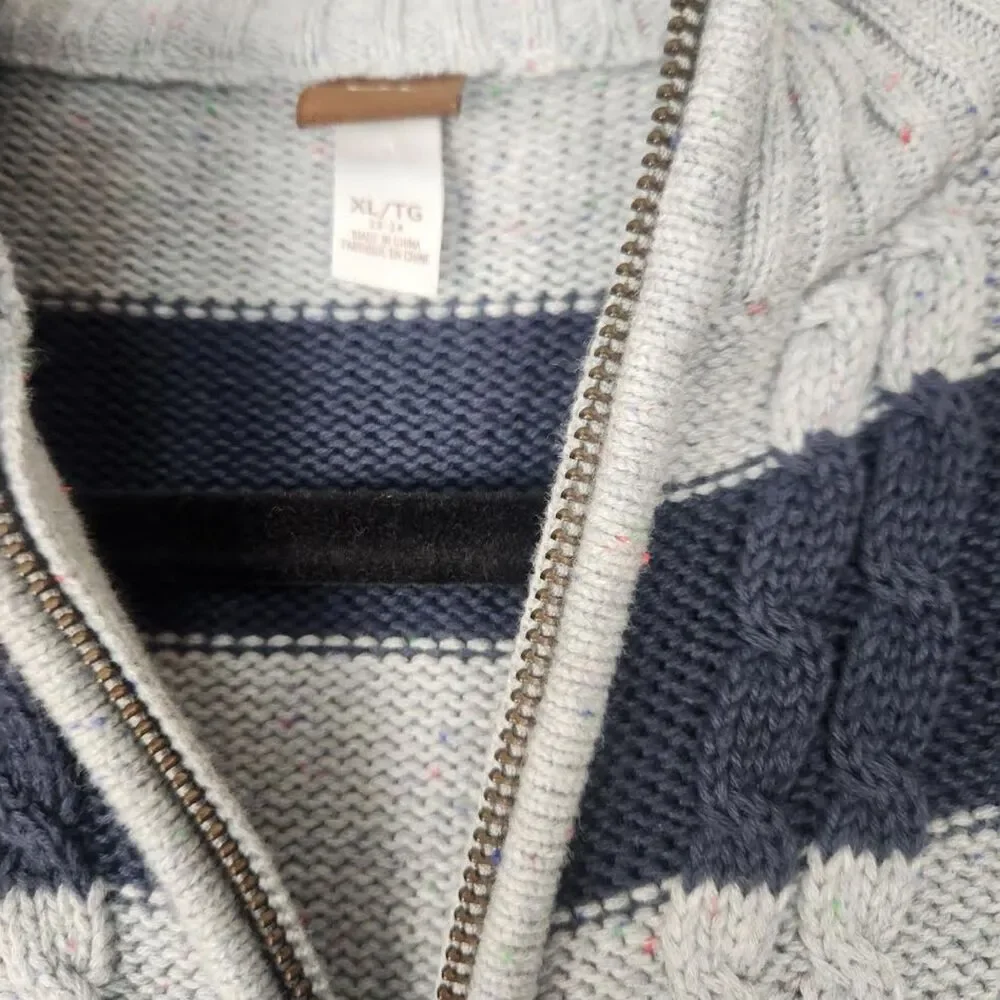 Tea Boys Full Zip Strip Navy & Gray sweater Size 12-14  Preppy Retro Casual